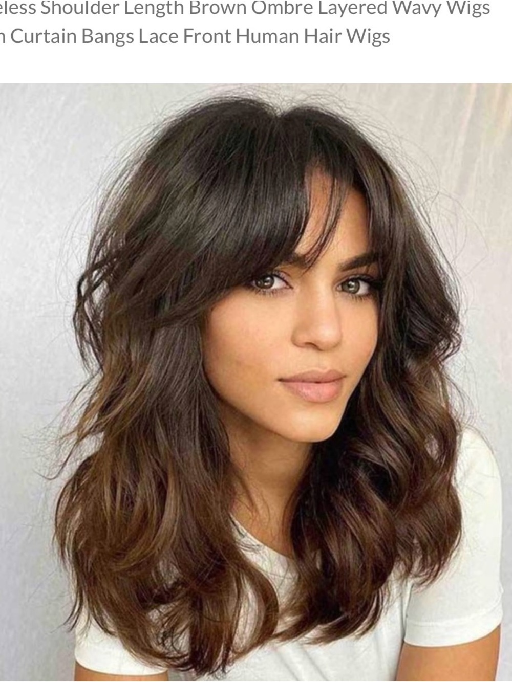 Layered Brown Ombre Wavy Women's Wig with Curtain Bangs